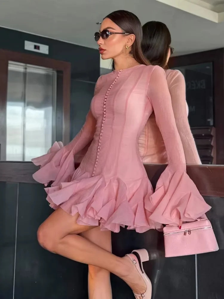 Luxury O-Neck Pink Ruffle Button Dress – Long Sleeve, High Waist, Fashionable Short Evening Prom Dress for Women
