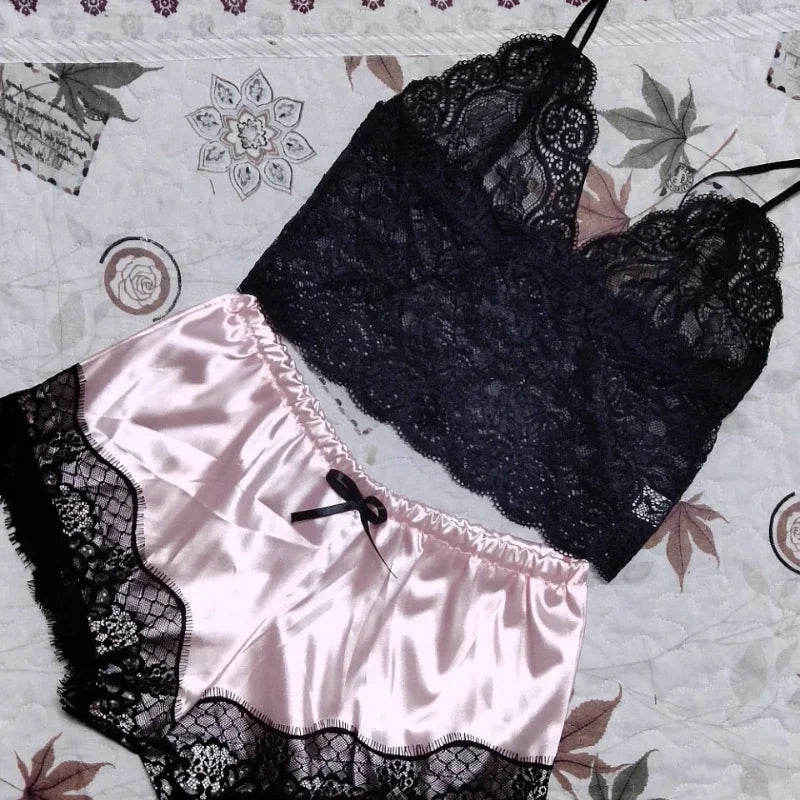 2PCS Pajamas Set for Women – Sleepwear Sexy Lingerie, Lace Silk Crop Tops and Shorts Sets, Casual Nightwear Pijamas