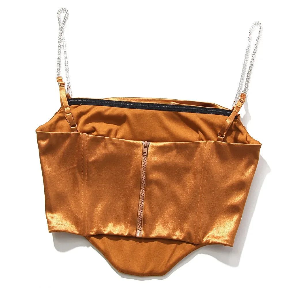 Women's Diamond Chain Crop Top – Aesthetic, Solid Color, Y2K Streetwear, Sleeveless, Thin Straps, Corset Style, Camisole