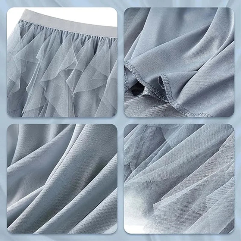 Women's Tulle Long Skirt – Tiered Tutu, A-Line, Mesh, Elastic Waist, Big Hem, Black/Gray/Pink/Beige