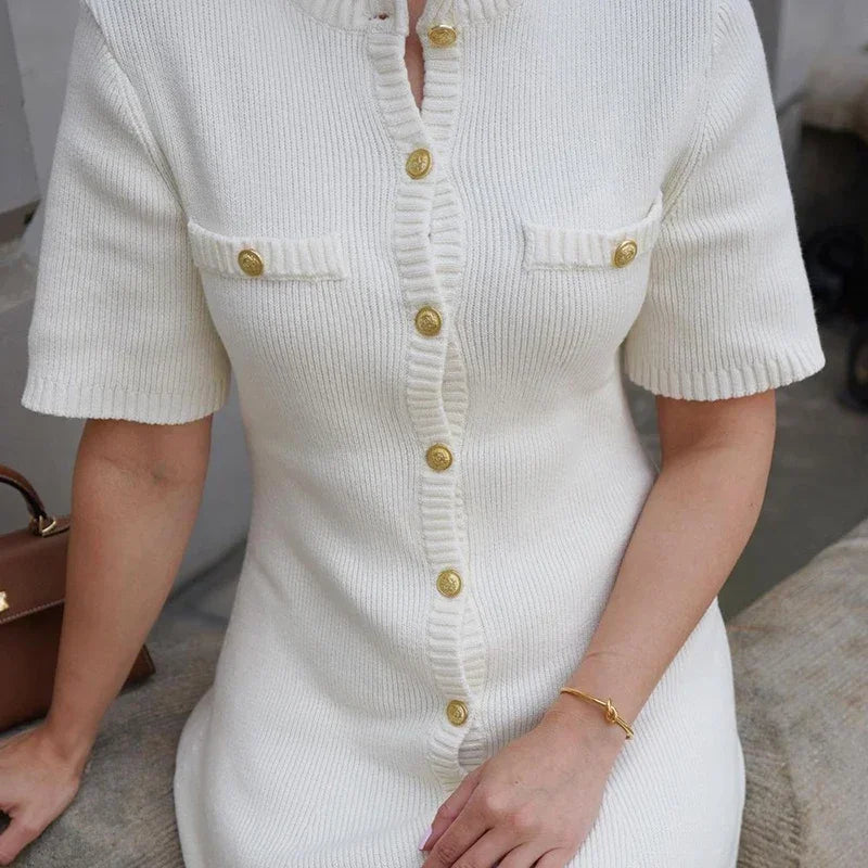 Elegant Knitted Mini Dress – Sexy, Slim Fit, Ribbed Knit, Metal Button, Short Sleeve, Holiday, Party Wear