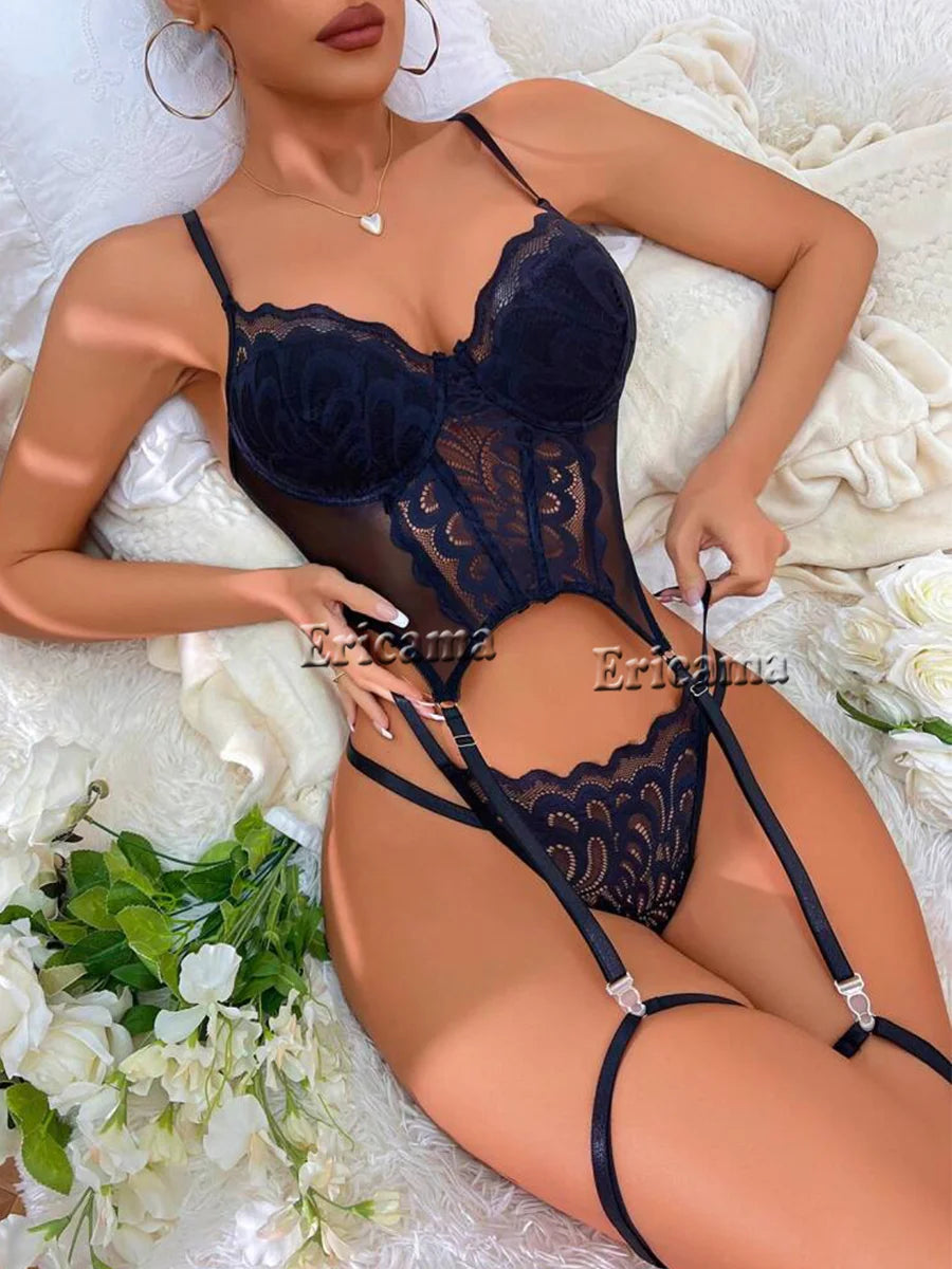 Lace Erotic Lingerie Set – Bow Decor, Strappy, Hollow Out, Bra, Thong & Garter Belt, Sexy Women's Underwear