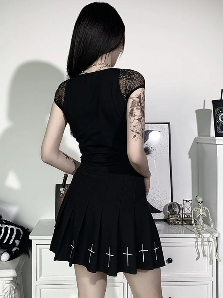 Vintage Goth T-Shirt – Bodycon, Bandage Lace, Black Mesh, Sexy Gothic Streetwear for Women