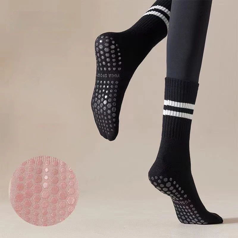 3 Pairs Mid-Tube Yoga Socks – Cotton, Non-Slip Silicone, Professional Fitness & Pilates Socks for Women