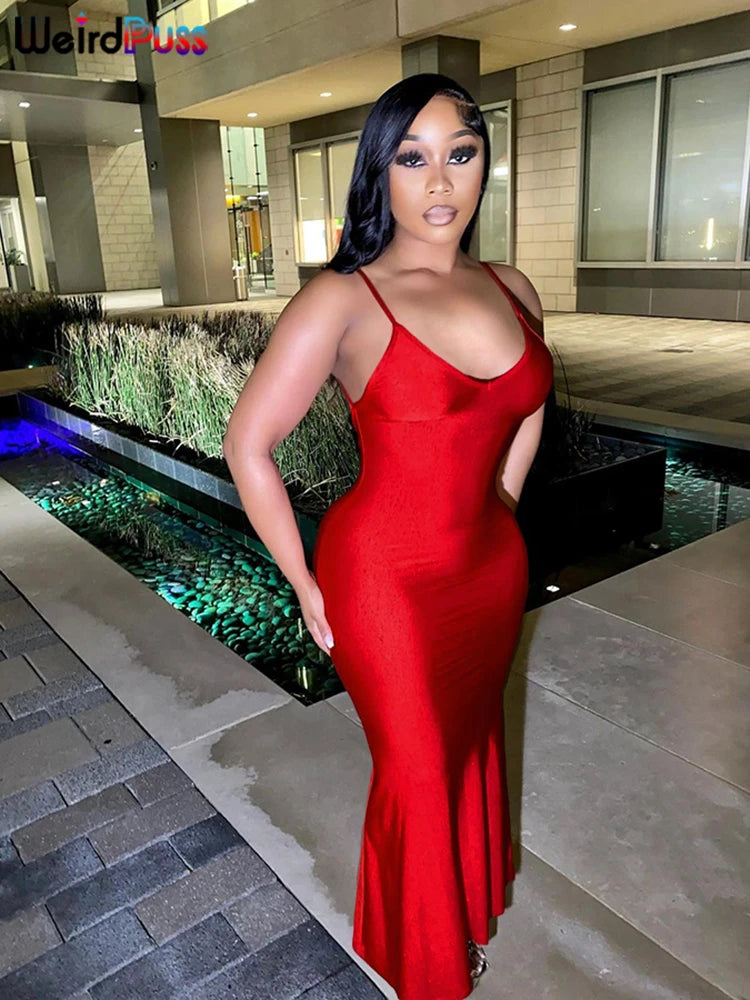 Weird Puss Sexy Backless Maxi Dress – V-Neck, Sleeveless, Elegant Mermaid Bodycon Evening Gown for Banquet & Prom