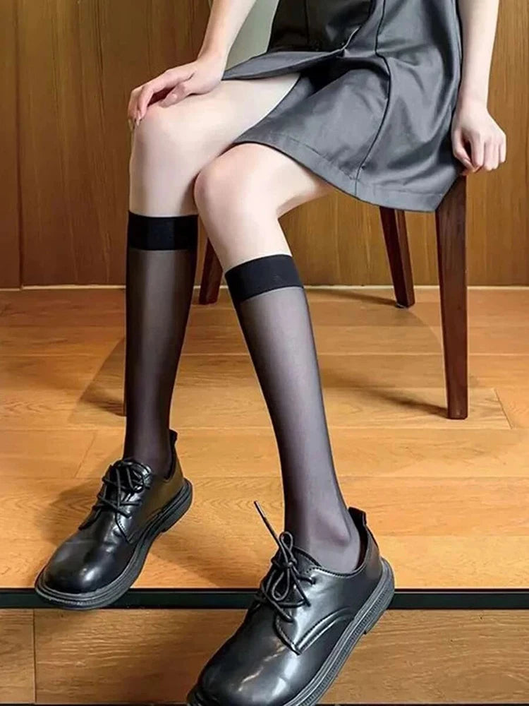 4 Pairs Black White Semi-Transparent Nylon Socks – Classic, Versatile, Comfortable, Breathable, Suitable for Daily Wear