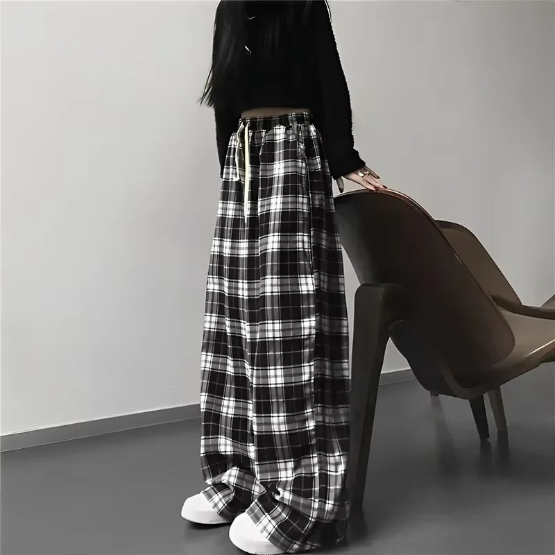 Thin High-Waisted Wide-Leg Pants – Korean Style, Casual, Straight Cut, Hit Color, Plaid Pattern, Elastic Waist, Dragging Length