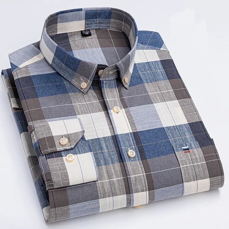 Men's 100% Cotton Shirt – Long Sleeve Plaid Oxford, Solid Color, Regular Fit Formal Dress Shirt, Available In Oversized