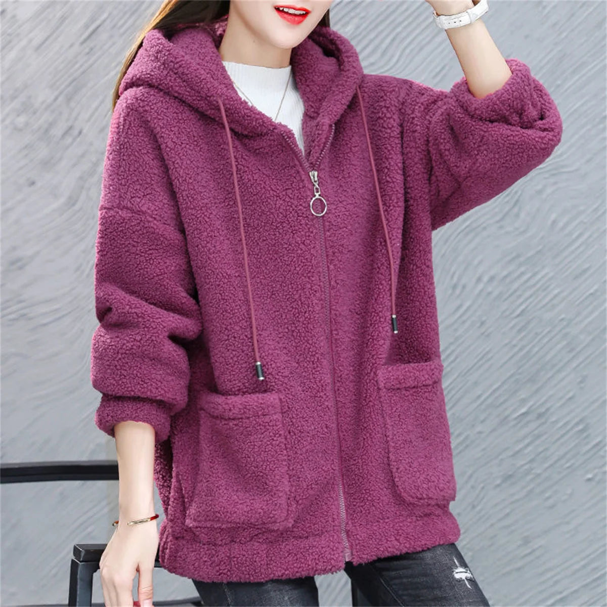Women's Fleece Hooded Sweater – Solid Color, Lamb Cashmere, Cardigan Jacket, Plush, Autumn Winter Casual Coat