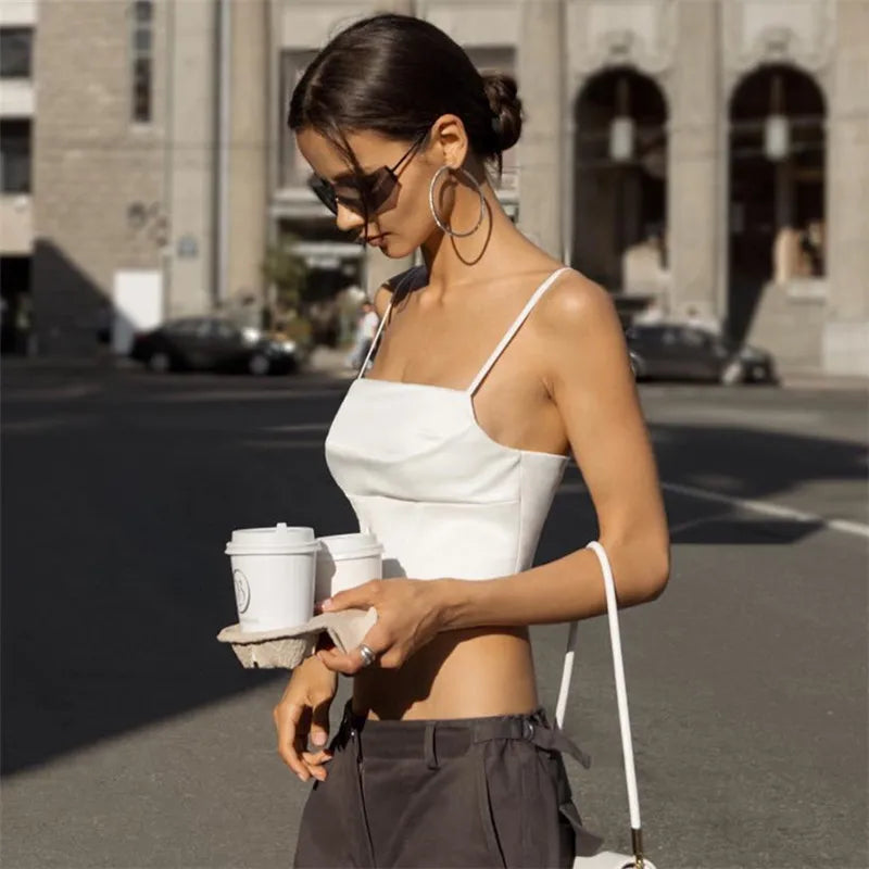 Spaghetti Strap Tank Top – Sexy, Backless, Bandage Design, Skinny Fit, Cropped, Summer, Elegant, Lace-Up, Party, Streetwear