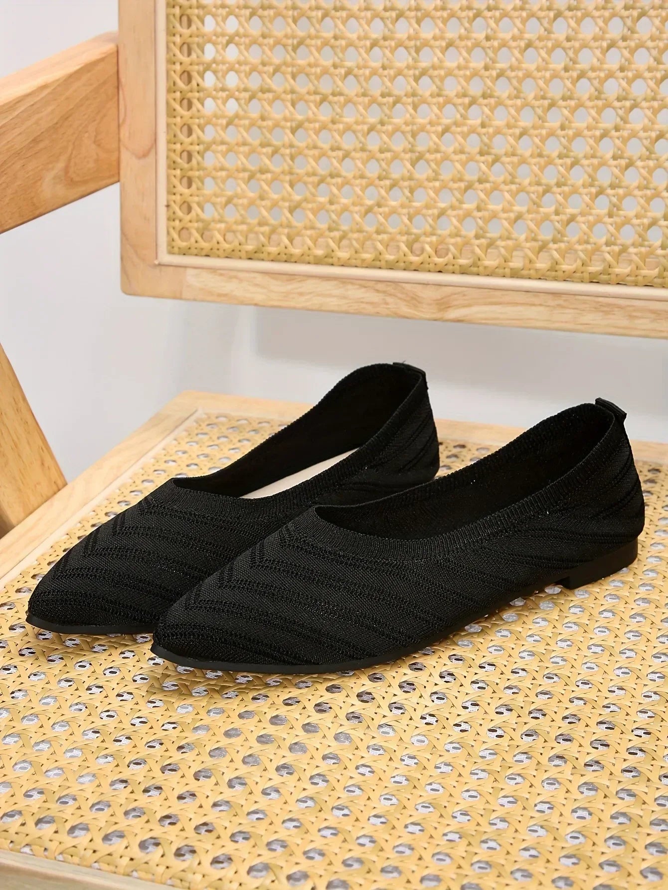 Pointed Toe Flats - Solid Color Knitted Slip-On Office Shoes, Casual Ballet Flats, Women's Loafers, Zapatos de Mujer