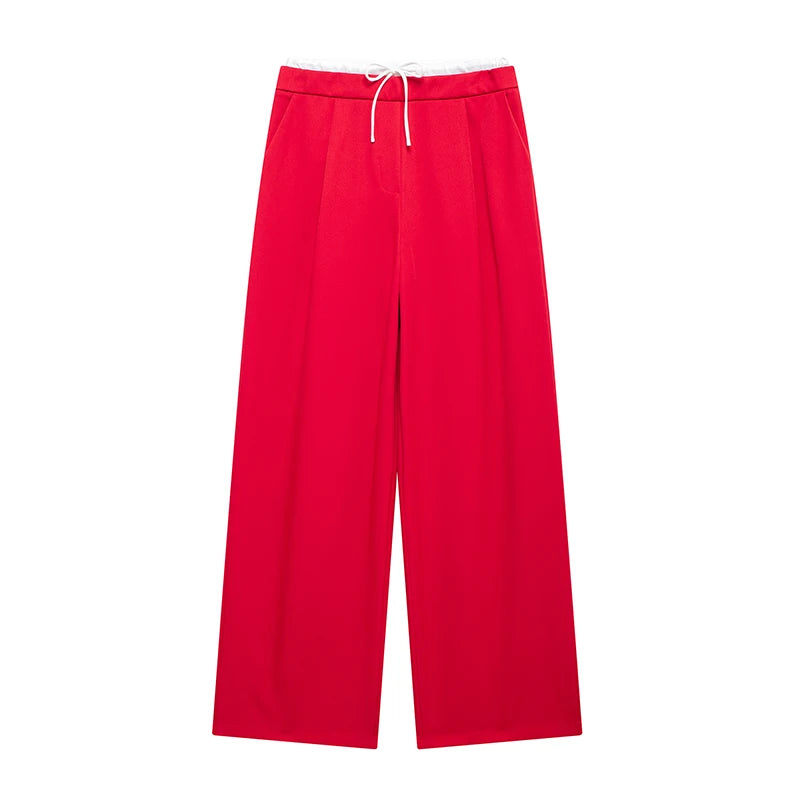 Women Fashion Straight Pants – Solid Color, Lace-Up, Side Zipper, Vintage Style, High Elastic Waist, Chic Lady Trousers