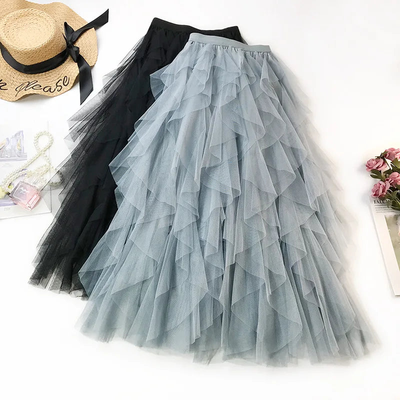 Women's Tulle Long Skirt – Tiered Tutu, A-Line, Mesh, Elastic Waist, Big Hem, Black/Gray/Pink/Beige