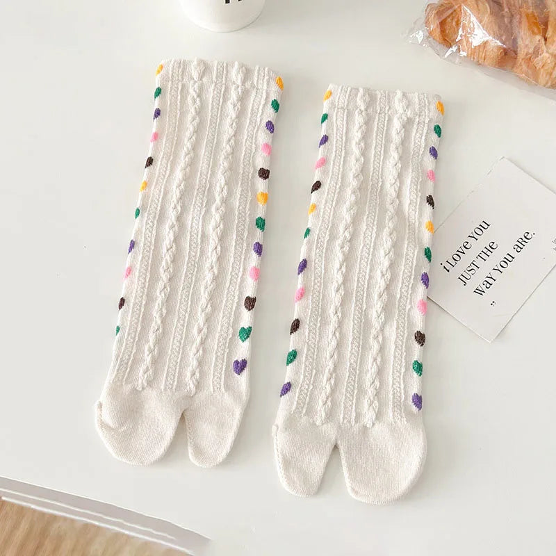 Colorful Heart Braid Five Finger Socks for Women – Spring Autumn, Middle Tube, Cotton, Breathable, Crew Socks, Streetwear
