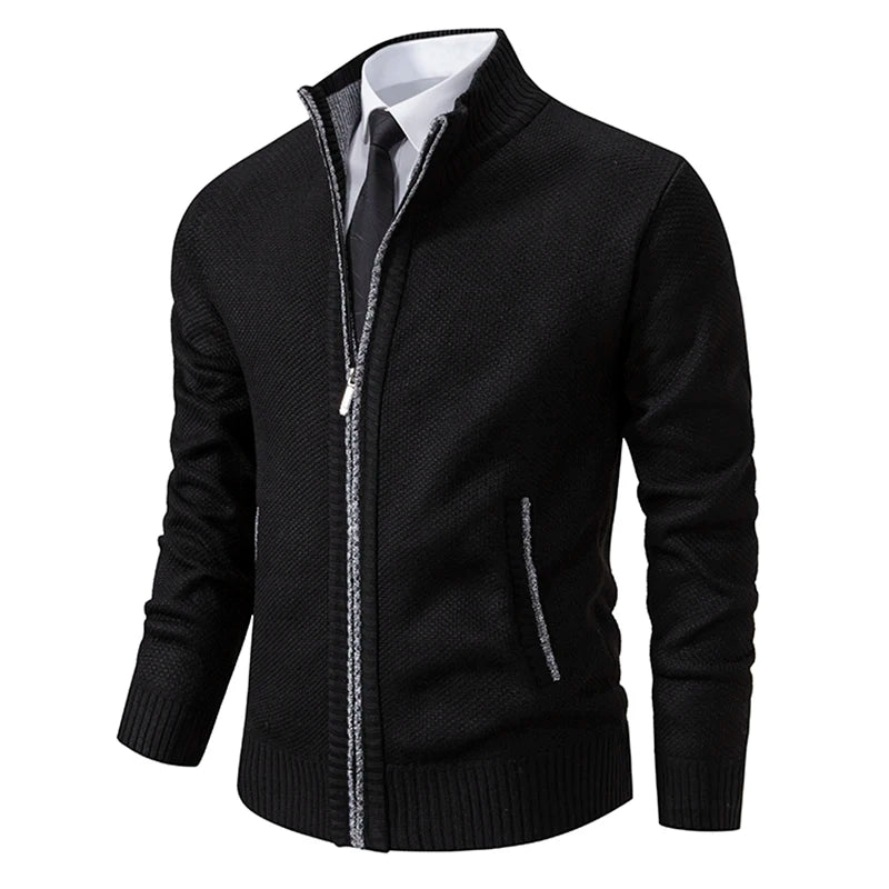 Jersey Men's Casual Sports Coat – Solid Color Stand Collar Sweater, Fleece-Lined, Warm Zipper Cardigan