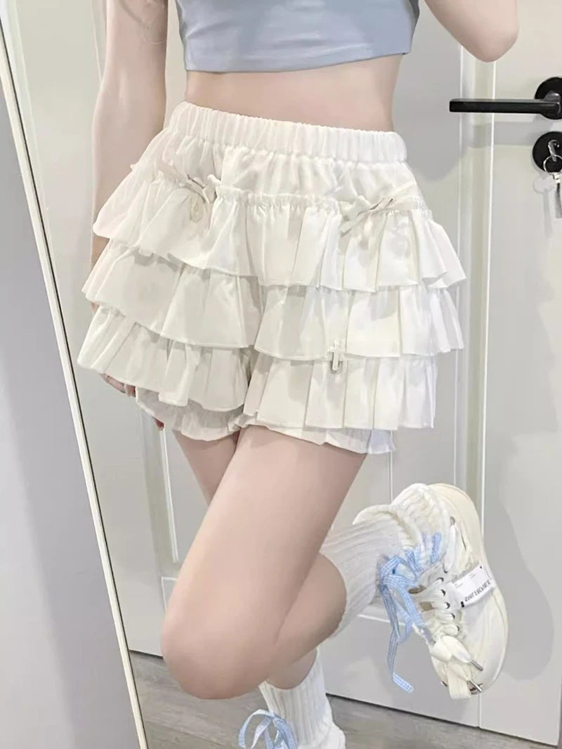 Y2K Sweet Ruffle Mini Skirt – Kawaii Lolita A-Line, Harajuku High-Waisted Bow Skirt in Pink & White