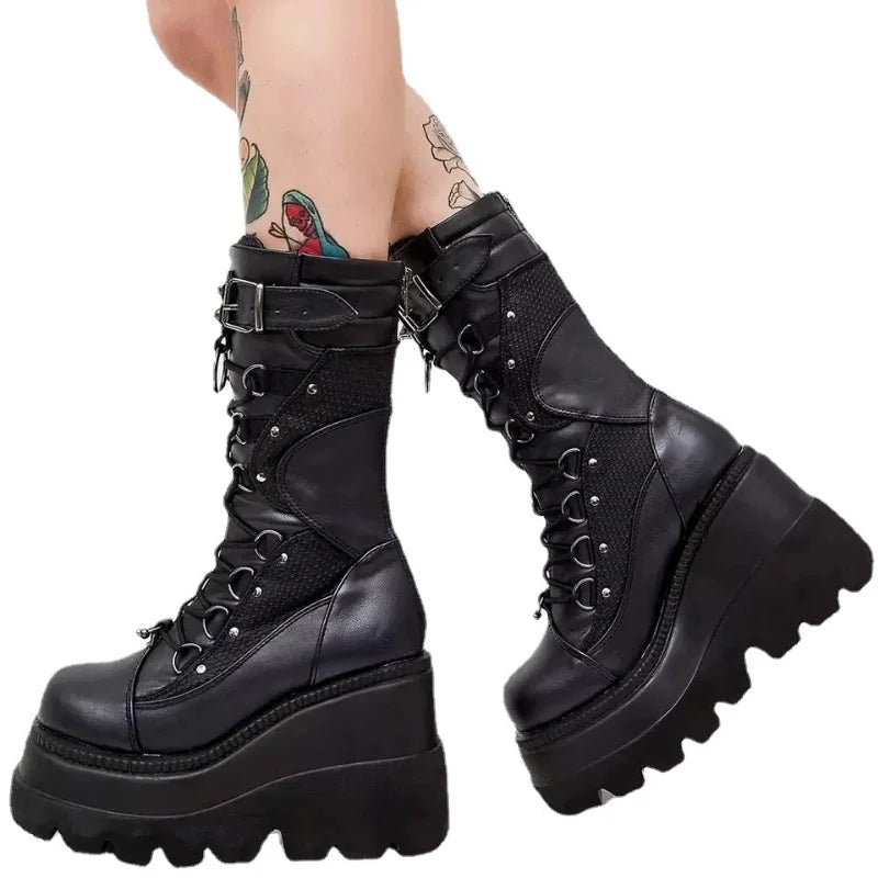 Brand Design Ladies High Platform Boots – Big Size, Rivet Goth High Heels, Cosplay Wedges, Punk Gothic Shoes for Women