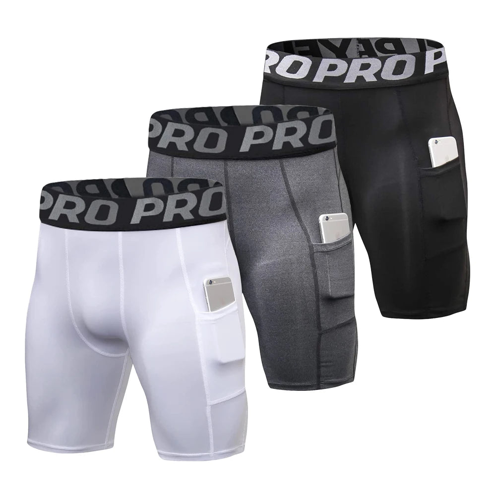 Men's Gym Shorts with Pockets – Workout Compression Leggings, Polyester Boxer Briefs, Running, Basketball, Athletic Tights