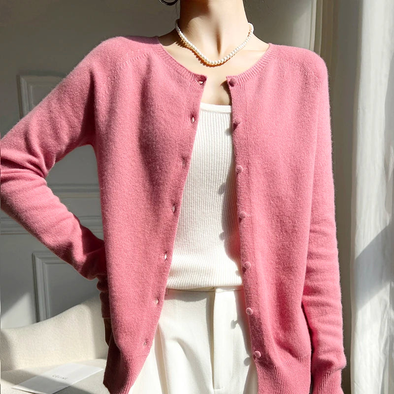 100% Wool Cardigan – Solid Color, Warm Knitwear, Casual Autumn Winter Outerwear