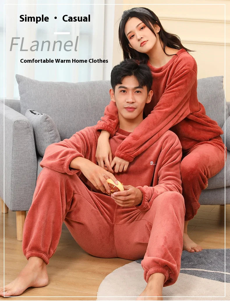 Men's Coral Velvet Pajamas – Thickened, Warm, Long Sleeve & Trousers, Solid Color, Soft Sleepwear, Autumn Winter 2PCS Set
