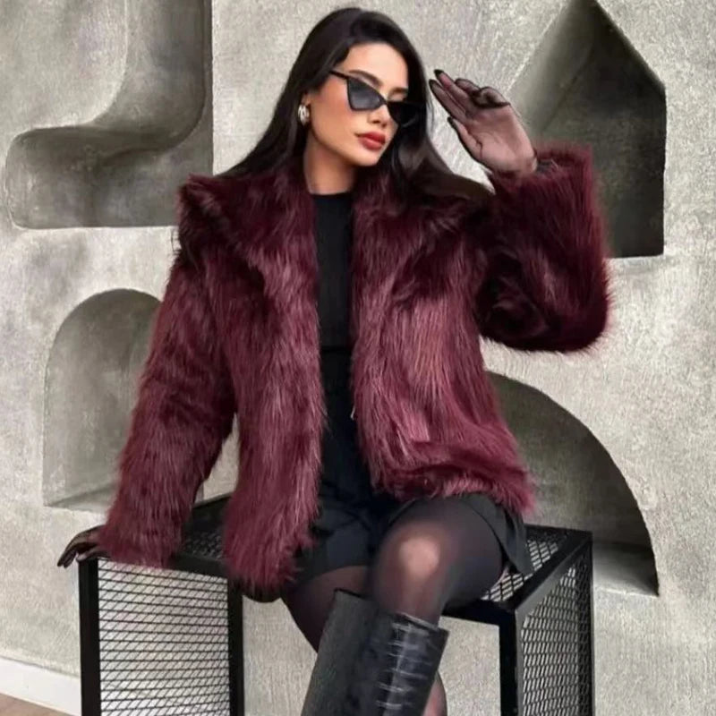 Women's Fur Coat – Plush Burgundy Bomber, Cropped Long Sleeve, Warm Winter Casual Jacket