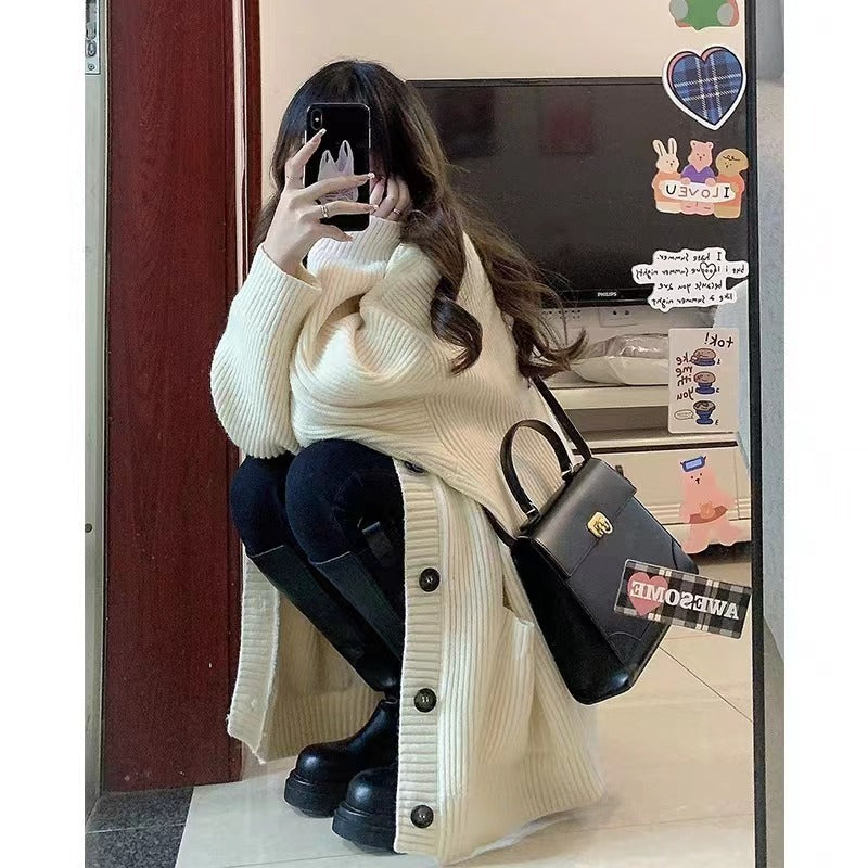 Women's Knitted Cardigan – V-Neck, Loose Fit, Long Sleeve, Casual Autumn Winter Jacket