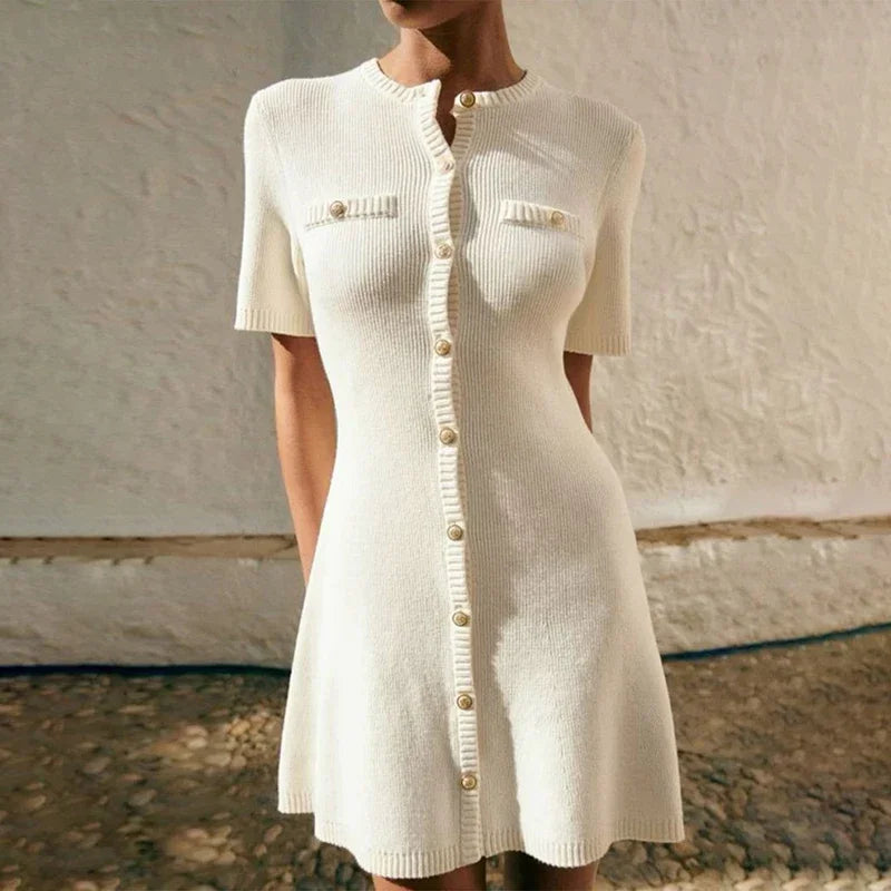 Elegant Knitted Mini Dress – Sexy, Slim Fit, Ribbed Knit, Metal Button, Short Sleeve, Holiday, Party Wear
