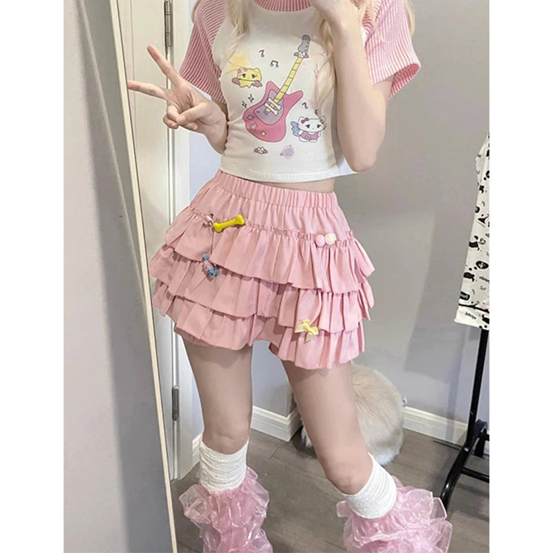 Y2K Sweet Ruffle Mini Skirt – Kawaii Lolita A-Line, Harajuku High-Waisted Bow Skirt in Pink & White