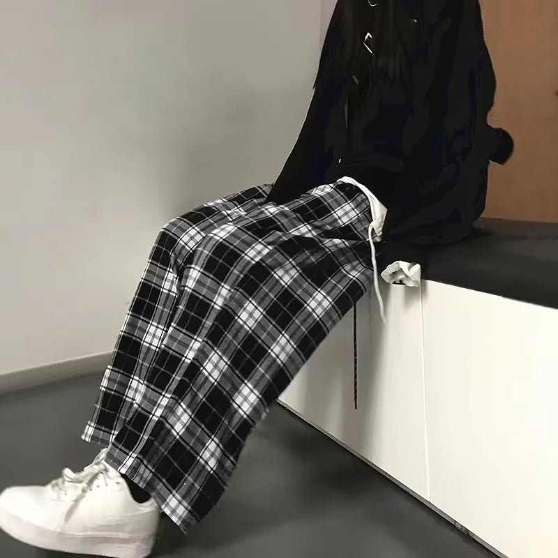 Thin High-Waisted Wide-Leg Pants – Korean Style, Casual, Straight Cut, Hit Color, Plaid Pattern, Elastic Waist, Dragging Length