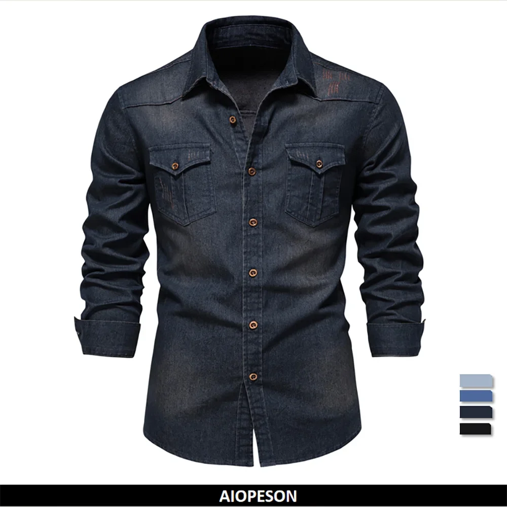 Elastic Cotton Denim Shirt – Long Sleeve, High-Quality Cowboy Shirt for Men, Casual Slim Fit, Designer Menswear