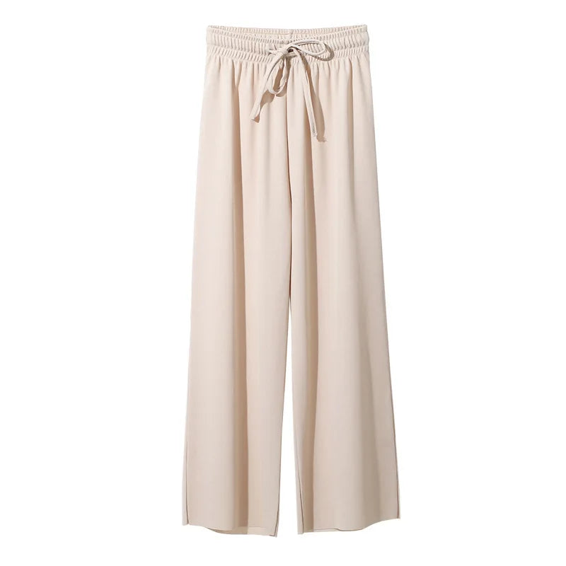 Women Ankle-Length Wide Leg Pants – Casual, Summer, Solid Color, Elastic Waist, Loose Fit, Ice Silk, Spring/Summer