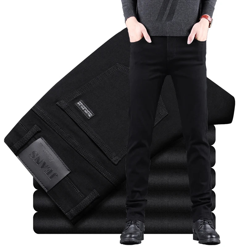 Men's Pure Black Slim Jeans – Elastic Straight Fit, Business Fashion, Leisure Style, Korean Vintage Denim Pants for Spring and Autumn