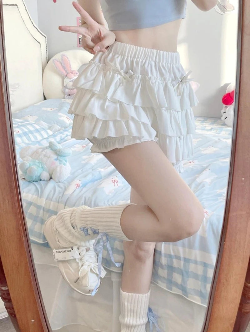 Y2K Sweet Ruffle Mini Skirt – Kawaii Lolita A-Line, Harajuku High-Waisted Bow Skirt in Pink & White