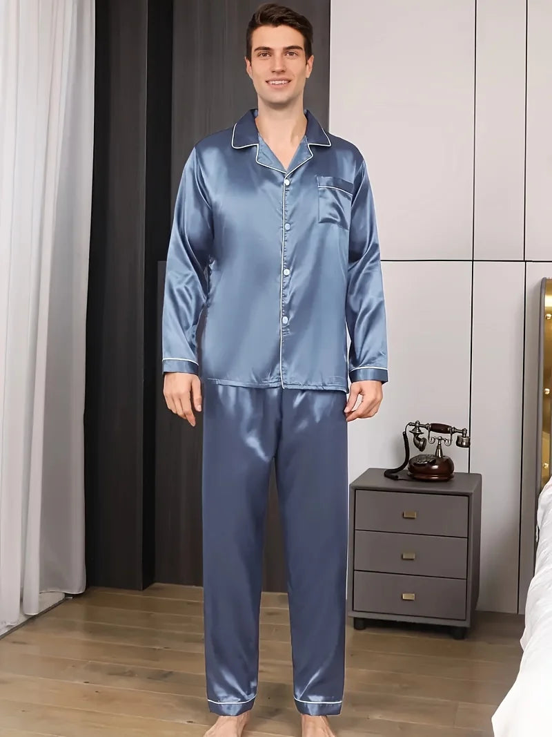 Men's Pajama Set – Microfiber Silk, Long Sleeve Shirt, Comfortable Nightwear, Plus Size Home Loungewear