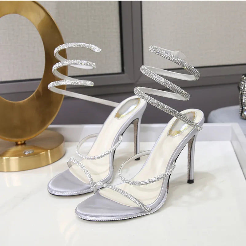 Snake Twine Around Crystal Sandals - Luxury Rhinestone Thin High Heels Gladiator Sandals, Party Prom Fashion Shoes for Women, Summer