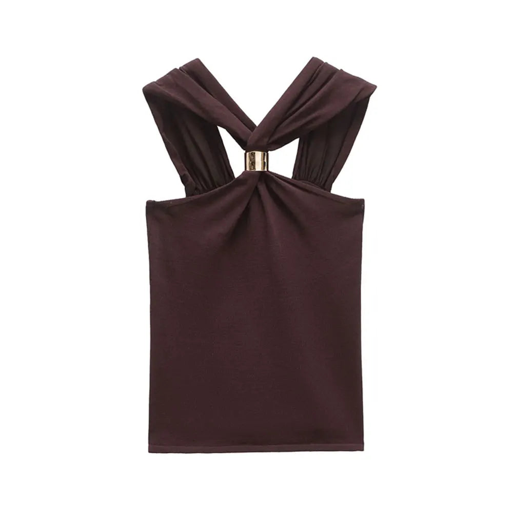 Women's Fashion Knit Halterneck Tank Top – Gold Appliques, Wide Straps, Camisole, Stylish Female Topwear