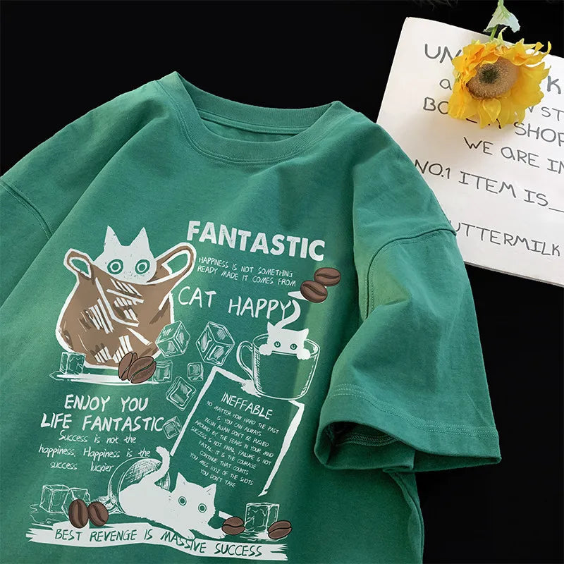 Oversized Cartoon Cat T-Shirt – Unisex Korean Style, Casual Short Sleeve Couple Tee
