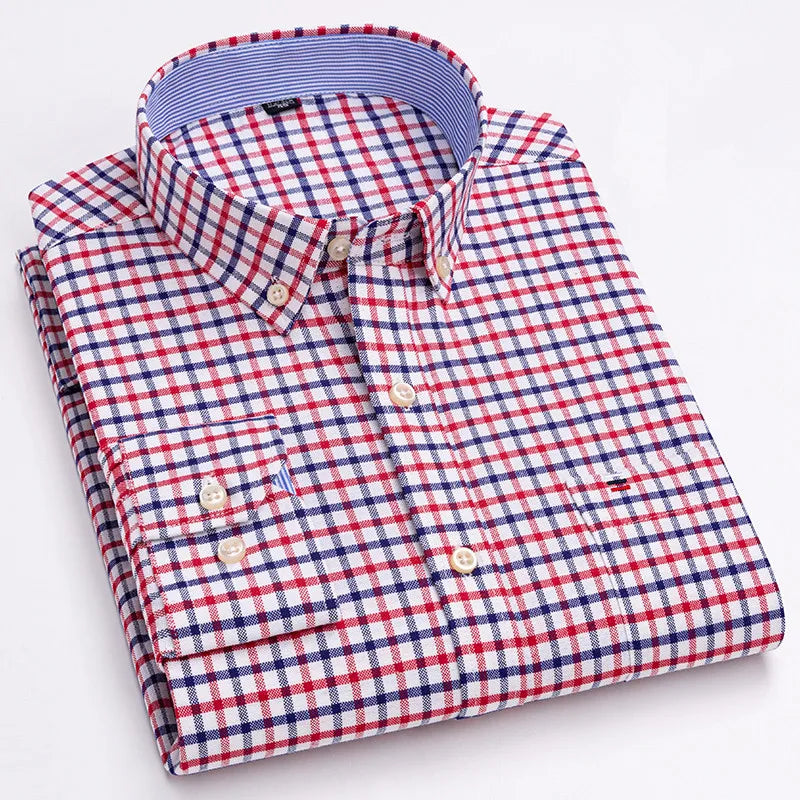 Men's 100% Cotton Shirt – Long Sleeve Plaid Oxford, Solid Color, Regular Fit Formal Dress Shirt, Available In Oversized