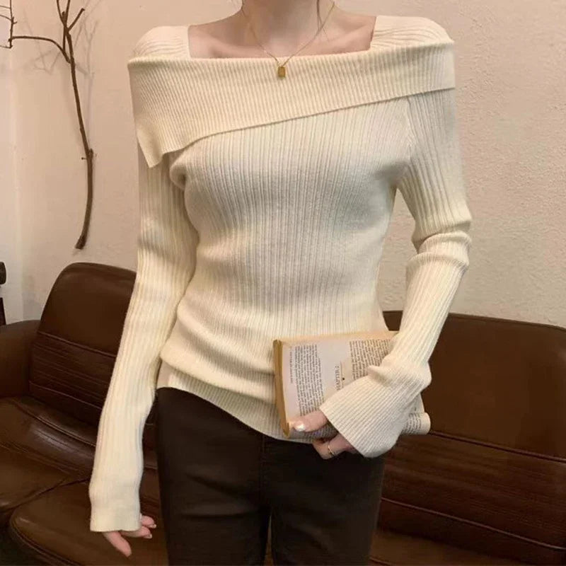 Slim Off-Shoulder Knitted Sweater – Slash Neck, Long Sleeve, Sexy Office Fashion