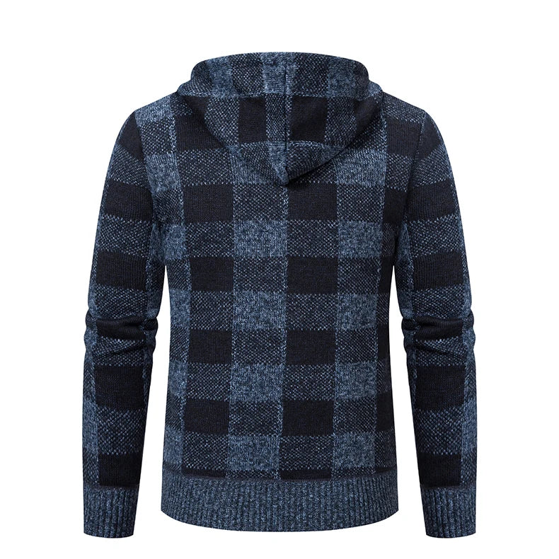 Men's Cardigan – Fashion Plus Velvet Padded Knit Jumpers, Male Sweater, Hooded Plaid Korean Luxury Brand Coat