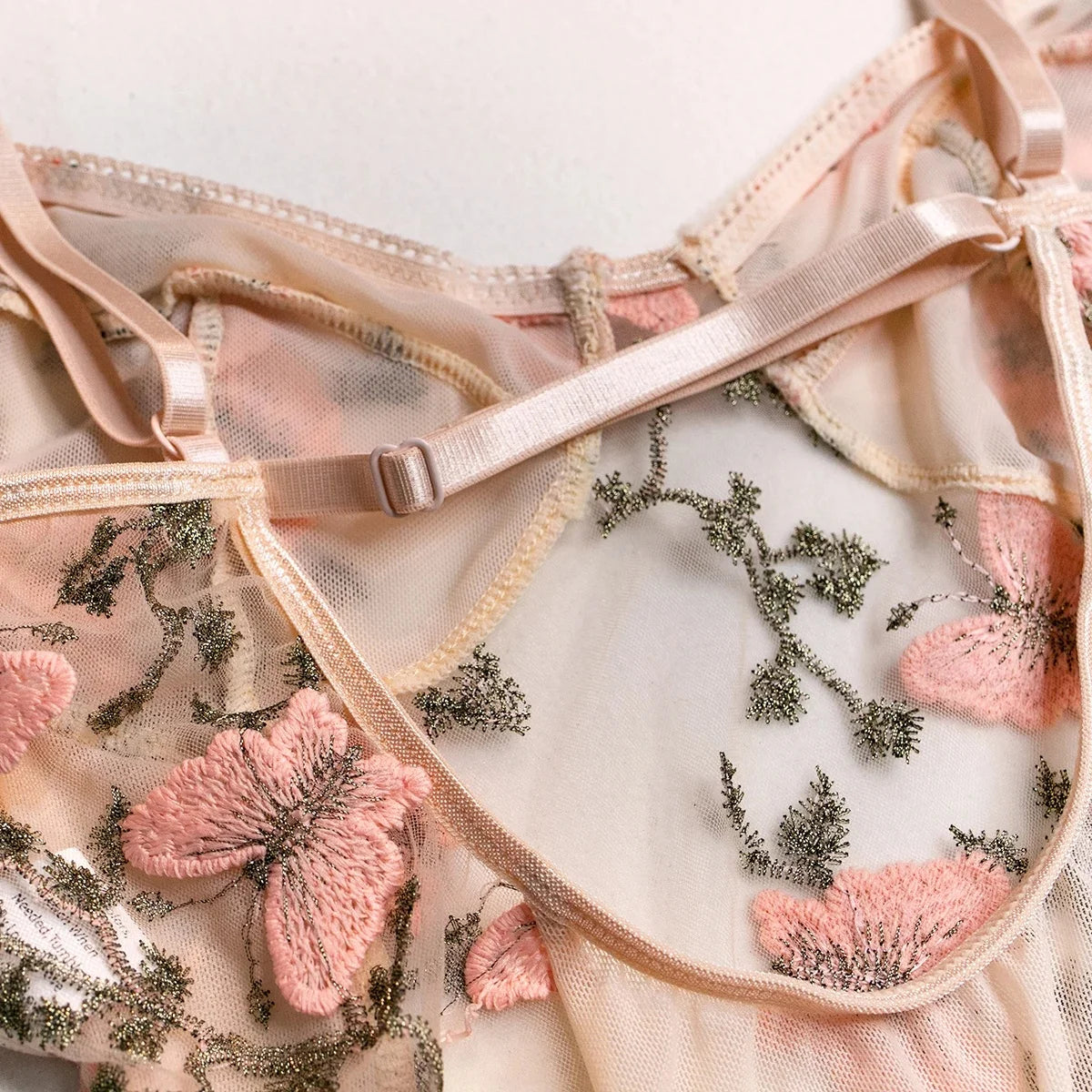 Yimunancy Boho Butterfly Embroidery Mesh Bodysuit – Women's Transparent Lace-Up Sexy Bodysuit, Body Femme