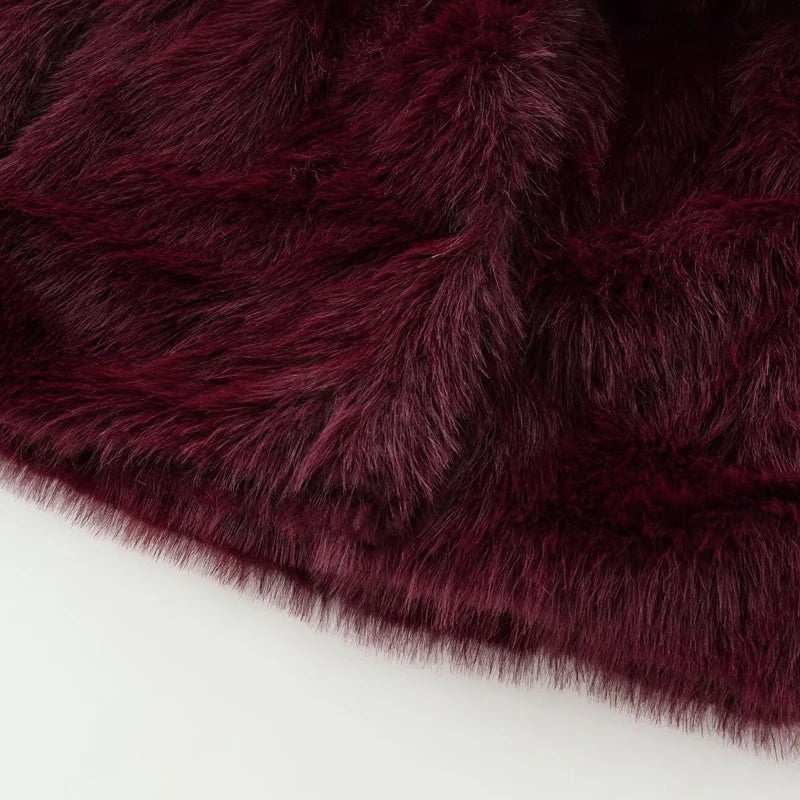 Women's Fur Coat – Plush Burgundy Bomber, Cropped Long Sleeve, Warm Winter Casual Jacket