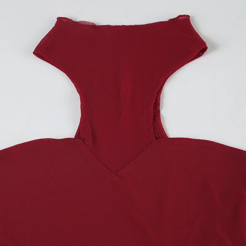 Red See-Through Mesh Bodysuit – Sexy Lingerie, Neck-Mounted, Y2K Festival Outfit
