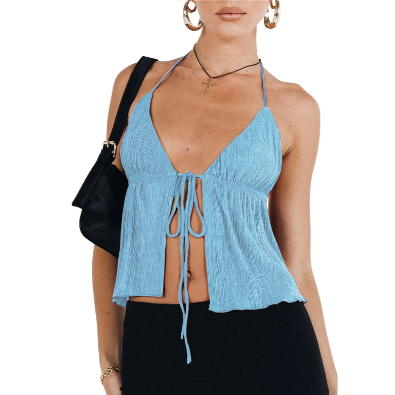 Sexy Summer Cami Top – Bowknot, Lace-Up, Sleeveless, Cropped, Elegant, Youth Fashion, Off-Shoulder, New Arrival