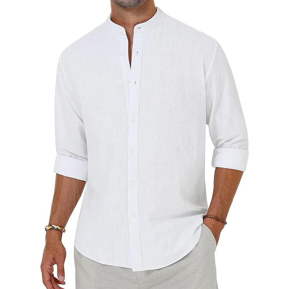 Men's Cotton Linen Shirts – Long Sleeve Button Down With Henley Collar, Beach Style Hawaiian Vacation Casual Tops