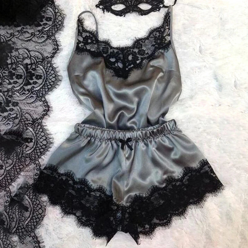 Fashion Nightwear Lace Trim Satin Cami Top Pajama Set – Sexy Hot Erotic Home Wear, Women's Sleeveless Sleepwear