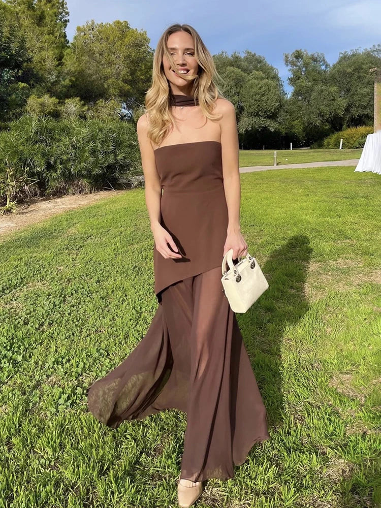 Elegant Strapless Mesh Dress – Ribbon Detail, Sleeveless, Long Beach Vacation Dress, Spring Fashion