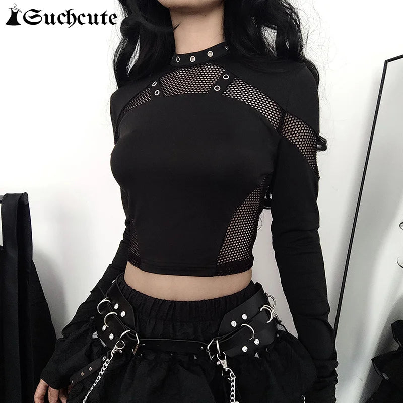 Goth Mesh Patchwork Crop Top – Sexy Hollow-Out, Long Sleeve, Eyelet Detail, Punk Style, Slim Fit Streetwear Tee