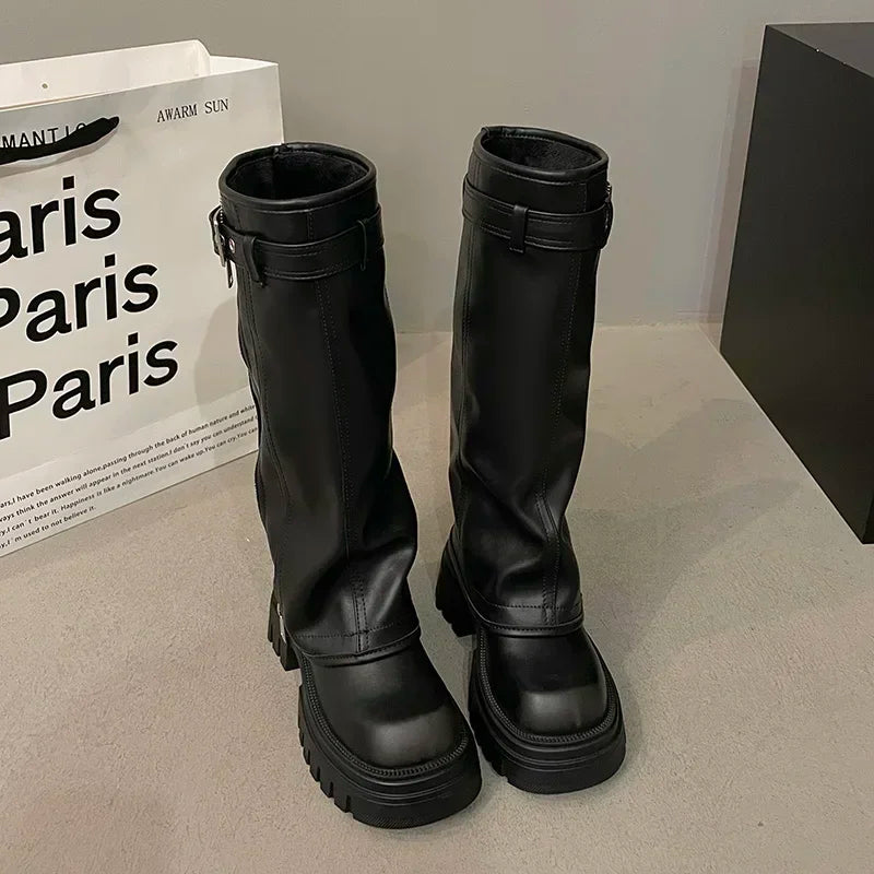 Winter Women Biker Boots – Fashion Belt Buckle, Elegant Platform Knee-High Booties for Ladies