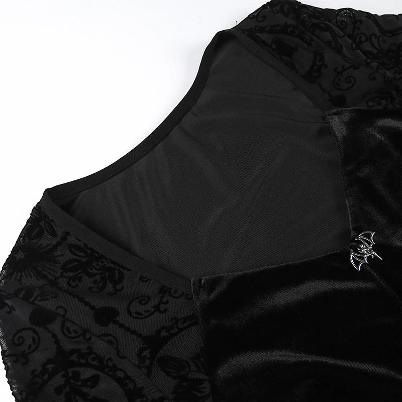 Gothic Long Sleeve Ruffle Mini Dress Women's Vintage V Neck Velvet Stretchy Bodycon Cocktail Dresses Victorian Blouse